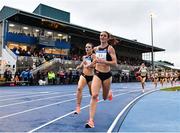 14 July 2023; Emily Mackay of USA, on her way to winning Clonliffe Harriers women's 1500m, ahead of Sarah McDonald of Great Britain during the 2023 Morton Games at Morton Stadium in Santry, Dublin. Photo by Sam Barnes/Sportsfile