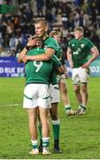 14 July 2023; Dejected Fintan Gunne of Ireland and Sam Prendergast of Ireland after Ireland lost to France during the U20 Rugby World Cup Final between Ireland and France at Athlone Sports Stadium in Cape Town, South Africa. Photo by Shaun Roy/Sportsfile