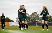 15 July 2023; Diane Caldwell, left, Harriet Scott and Amber Barrett, right, during a Republic of Ireland training session at Meakin Park in Brisbane, Australia, ahead of the start of the FIFA Women's World Cup 2023. Photo by Stephen McCarthy/Sportsfile