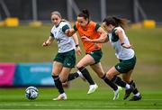 15 July 2023; Áine O'Gorman with Izzy Atkinson, left, and Ciara Grant, right, during a Republic of Ireland training session at Meakin Park in Brisbane, Australia, ahead of the start of the FIFA Women's World Cup 2023. Photo by Stephen McCarthy/Sportsfile