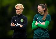 15 July 2023; Manager Vera Pauw, left, and goalkeeper Megan Walsh during a Republic of Ireland training session at Meakin Park in Brisbane, Australia, ahead of the start of the FIFA Women's World Cup 2023. Photo by Stephen McCarthy/Sportsfile