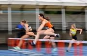 15 July 2023; Laura Frawley of Nenagh Olympic AC, competes in the 100m hurdles event of the senior women's heptathlon during day one of the 123.ie National AAI Games and Combines at Morton Stadium in Santry, Dublin. Photo by Stephen Marken/Sportsfile