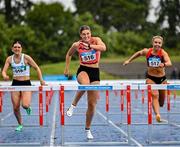 15 July 2023; Katherine O Connor of Dundalk St Gerards AC, centre, on her way to winning the senior women's 100m hurdles during day one of the 123.ie National AAI Games and Combines at Morton Stadium in Santry, Dublin. Photo by Stephen Marken/Sportsfile