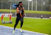 15 July 2023; Rolus Olusa of Clonliffe Harriers AC, Dublin, competes in the 100m event of the senior  men's heptathlon during day one of the 123.ie National AAI Games and Combines at Morton Stadium in Santry, Dublin. Photo by Stephen Marken/Sportsfile