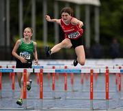 15 July 2023; Emer Purtill of Dooneen AC,  Limerick, right, and, Molly Anne Moore of Glenmore AC, Louth, compete in the 100m hurdles of the under 15 women's pentathlon during day one of the 123.ie National AAI Games and Combines at Morton Stadium in Santry, Dublin. Photo by Stephen Marken/Sportsfile