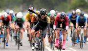 15 July 2023; Niall Colquitt of Isle of Man celebrates winning stage five of the 2023 Junior Tour Of Ireland in Clare. Photo by Stephen McMahon/Sportsfile