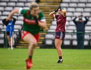 15 July 2023; Shauna Brennan of Galway reacts to a missed chance during the TG4 Ladies Football All-Ireland Senior Championship quarter-final match between Galway and Mayo at Pearse Stadium in Galway. Photo by Sam Barnes/Sportsfile