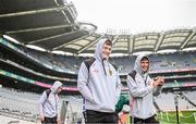 15 July 2023; Odhran Murdock, left, and Eugene Branagan of Down before the Tailteann Cup Final match between Down and Meath at Croke Park in Dublin. Photo by Ramsey Cardy/Sportsfile