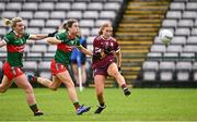 15 July 2023; Shauna Brennan of Galway has a shot at goal under pressure from Sarah Mulvihill, centre, and Fiona McHale, left, both of Mayo during the TG4 Ladies Football All-Ireland Senior Championship quarter-final match between Galway and Mayo at Pearse Stadium in Galway. Photo by Sam Barnes/Sportsfile