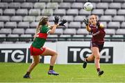 15 July 2023; Shauna Brennan of Galway in action against Sarah Mulvihill of Mayo during the TG4 Ladies Football All-Ireland Senior Championship quarter-final match between Galway and Mayo at Pearse Stadium in Galway. Photo by Sam Barnes/Sportsfile