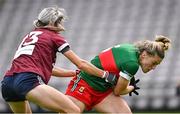 15 July 2023; Danielle Caldwell of Mayo in action against Tracey Leonard of Galway during the TG4 Ladies Football All-Ireland Senior Championship quarter-final match between Galway and Mayo at Pearse Stadium in Galway. Photo by Sam Barnes/Sportsfile