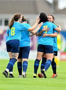 15 July 2023; Leeann Payne of Terenure Rangers FC, second from right, celebrates with teammate Eva Harvey, right, and Natalie McFadden after scoring their side's third goal  during the FAI Women's Amateur Cup Final between Bonagee United FC and Terenure Rangers FC at Eamonn Deacy Park in Galway. Photo by Tyler Miller/Sportsfile