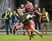 15 July 2023; Danielle Caldwell of Mayo in action against Ailbhe Davoren of Galway during the TG4 Ladies Football All-Ireland Senior Championship quarter-final match between Galway and Mayo at Pearse Stadium in Galway. Photo by Sam Barnes/Sportsfile