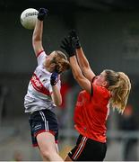 15 July 2023; Roisin Phelan of Cork in action against Kelly Mallon of Armagh during the TG4 Ladies Football All-Ireland Senior Championship quarter-final match between Armagh and Cork at BOX-IT Athletic Grounds in Armagh. Photo by Ben McShane/Sportsfile