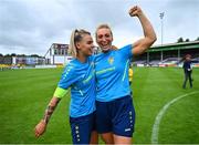 15 July 2023; Ciara Smith of Terenure Rangers FC, left, and teammate Jenny Claffey celebrate after their side's victory in the FAI Women's Amateur Cup Final between Bonagee United FC and Terenure Rangers FC at Eamonn Deacy Park in Galway. Photo by Tyler Miller/Sportsfile