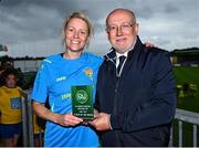 15 July 2023; Ruth Comerford of Terenure Rangers FC is presented the player of the match award by FAI Data Registrations & Competitons Manager, Fran Gavin after the FAI Women's Amateur Cup Final between Bonagee United FC and Terenure Rangers FC at Eamonn Deacy Park in Galway. Photo by Tyler Miller/Sportsfile