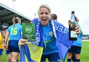 15 July 2023; Ruth Comerford of Terenure Rangers FC celebrates with her player of the match award after the FAI Women's Amateur Cup Final between Bonagee United FC and Terenure Rangers FC at Eamonn Deacy Park in Galway. Photo by Tyler Miller/Sportsfile