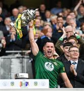15 July 2023; The Meath captain Donal Keogan lifts the cup after the Tailteann Cup Final match between Down and Meath at Croke Park in Dublin. Photo by Brendan Moran/Sportsfile