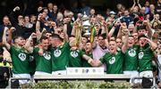 15 July 2023; The Meath captain Donal Keogan and team mates celebrate with the cup after the Tailteann Cup Final match between Down and Meath at Croke Park in Dublin. Photo by Brendan Moran/Sportsfile