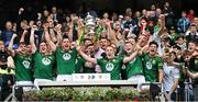 15 July 2023; The Meath captain Donal Keogan and team mates celebrate with the cup after the Tailteann Cup Final match between Down and Meath at Croke Park in Dublin. Photo by Brendan Moran/Sportsfile