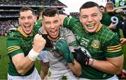 15 July 2023; Michael Flood, Seán Brennan and Keith Curtis of Meath celebrate after the Tailteann Cup Final match between Down and Meath at Croke Park in Dublin. Photo by Ramsey Cardy/Sportsfile