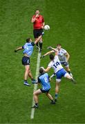 15 July 2023; Referee Sean Hurson throws in the ball between James McCarthy, and Brian Fenton of Dublin and Gary Mohan, left, and Darren Hughes of Monaghan to start the GAA Football All-Ireland Senior Championship semi-final match between Dublin and Monaghan at Croke Park in Dublin. Photo by Daire Brennan/Sportsfile
