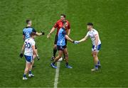 15 July 2023; Referee Sean Hurson shakes hands with Brian Fenton of Dublin, as and Gary Mohan of Monaghan shakes hands with James McCarthy of Dublin ahead of the GAA Football All-Ireland Senior Championship semi-final match between Dublin and Monaghan at Croke Park in Dublin. Photo by Daire Brennan/Sportsfile