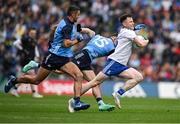15 July 2023; Karl O'Connell of Monaghan is tackled by Colm Basquel and James McCarthy of Dublin during the GAA Football All-Ireland Senior Championship semi-final match between Dublin and Monaghan at Croke Park in Dublin. Photo by Brendan Moran/Sportsfile