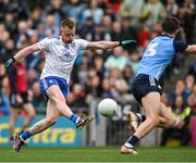 15 July 2023; Ryan McAnespie of Monaghan has a shot on goal blocked by Michael Fitzsimons of Dublin during the GAA Football All-Ireland Senior Championship semi-final match between Dublin and Monaghan at Croke Park in Dublin. Photo by Brendan Moran/Sportsfile