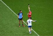 15 July 2023; Niall Scully of Dublin shown a black card by referee Sean Hurson during the GAA Football All-Ireland Senior Championship semi-final match between Dublin and Monaghan at Croke Park in Dublin. Photo by Daire Brennan/Sportsfile