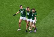 15 July 2023; Meath players, left to right, Harry O'Higgins, Seán Coffey, and Adam O'Neill celebrate after the Tailteann Cup Final match between Down and Meath at Croke Park in Dublin. Photo by Daire Brennan/Sportsfile