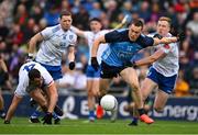 15 July 2023; Con O'Callaghan of Dublin in action against Monaghan players Kieran Duffy, right, Ryan Wylie, 4, and Conor McManus during the GAA Football All-Ireland Senior Championship semi-final match between Dublin and Monaghan at Croke Park in Dublin. Photo by Brendan Moran/Sportsfile