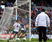 15 July 2023; Dean Rock of Dublin scores his side's first goal despite the efforts of Ryan Wylie of Monaghan during the GAA Football All-Ireland Senior Championship semi-final match between Dublin and Monaghan at Croke Park in Dublin. Photo by John Sheridan/Sportsfile