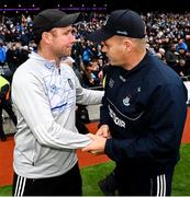 15 July 2023; Monaghan manager Vinny Corey, left, and Dublin manager Dessie Farrell after the GAA Football All-Ireland Senior Championship semi-final match between Dublin and Monaghan at Croke Park in Dublin. Photo by Ramsey Cardy/Sportsfile