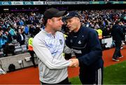 15 July 2023; Monaghan manager Vinny Corey, left, and Dublin manager Dessie Farrell after the GAA Football All-Ireland Senior Championship semi-final match between Dublin and Monaghan at Croke Park in Dublin. Photo by Ramsey Cardy/Sportsfile