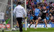 15 July 2023; Dean Rock of Dublin jostles with Monaghan goalkeeper Rory Beggan after scoring his side's first goal during the GAA Football All-Ireland Senior Championship semi-final match between Dublin and Monaghan at Croke Park in Dublin. Photo by John Sheridan/Sportsfile
