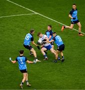 15 July 2023; Colm Lennon of Monaghan in action against Dublin players, left to right, Michael Fitzsimons, Dean Rock, Jack McCaffrey, Eoin Murchan, and Con O'Callaghan, during the GAA Football All-Ireland Senior Championship semi-final match between Dublin and Monaghan at Croke Park in Dublin. Photo by Daire Brennan/Sportsfile