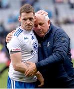 15 July 2023; Conor McManus of Monaghan, left, and Monaghan County Board Chairman Declan Flanagan after the GAA Football All-Ireland Senior Championship semi-final match between Dublin and Monaghan at Croke Park in Dublin. Photo by Ramsey Cardy/Sportsfile
