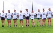 15 July 2023; Players from both sides stand together, wearing United for Equality t-shirts, for the playing of Amhrán na bhFiann before the TG4 Ladies Football All-Ireland Senior Championship quarter-final match between Kerry and Meath at Austin Stack Park in Tralee, Kerry. Photo by Piaras Ó Mídheach/Sportsfile
