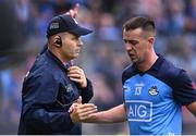 15 July 2023; Dublin manager Dessie Farrell, left, and Cormac Costello during the GAA Football All-Ireland Senior Championship semi-final match between Dublin and Monaghan at Croke Park in Dublin. Photo by Ramsey Cardy/Sportsfile