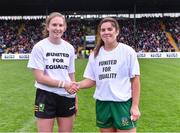 15 July 2023; Team captains Síofra O'Shea of Kerry, left, and Shauna Ennis of Meath shake hands wearing United for Equality t-shirts, for the playing of Amhrán na bhFiann before the TG4 Ladies Football All-Ireland Senior Championship quarter-final match between Kerry and Meath at Austin Stack Park in Tralee, Kerry. Photo by Piaras Ó Mídheach/Sportsfile