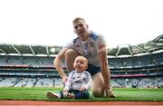 15 July 2023; Kieran Hughes of Monaghan and his daughter Cara, age 10 months, after the GAA Football All-Ireland Senior Championship semi-final match between Dublin and Monaghan at Croke Park in Dublin. Photo by Ramsey Cardy/Sportsfile