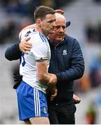 15 July 2023; Conor McManus of Monaghan, left, is consoled by Monaghan County Board chairman Declan Flanagan after the GAA Football All-Ireland Senior Championship semi-final match between Dublin and Monaghan at Croke Park in Dublin. Photo by Brendan Moran/Sportsfile