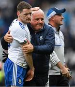 15 July 2023; Conor McManus of Monaghan, left, is consoled by Monaghan County Board chairman Declan Flanagan after the GAA Football All-Ireland Senior Championship semi-final match between Dublin and Monaghan at Croke Park in Dublin. Photo by Brendan Moran/Sportsfile