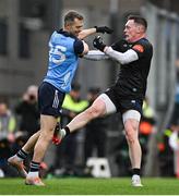 15 July 2023; Dean Rock of Dublin, left, tussles with Monaghan goalkeeper Rory Beggan after scoring his side's first goal during the GAA Football All-Ireland Senior Championship semi-final match between Dublin and Monaghan at Croke Park in Dublin. Photo by Brendan Moran/Sportsfile