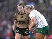 15 July 2023; Vikki Wall of Meath and Cáit Lynch of Kerry during a rain shower in the TG4 Ladies Football All-Ireland Senior Championship quarter-final match between Kerry and Meath at Austin Stack Park in Tralee, Kerry. Photo by Piaras Ó Mídheach/Sportsfile