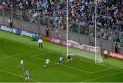 15 July 2023; Dean Rock of Dublin avoids the tackle by Monaghan goalkeeper Rory Beggan on his way to scoring his side's first goal during the GAA Football All-Ireland Senior Championship semi-final match between Dublin and Monaghan at Croke Park in Dublin. Photo by Ramsey Cardy/Sportsfile