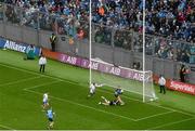 15 July 2023; Dean Rock of Dublin avoids the tackle by Monaghan goalkeeper Rory Beggan on his way to scoring his side's first goal during the GAA Football All-Ireland Senior Championship semi-final match between Dublin and Monaghan at Croke Park in Dublin. Photo by Ramsey Cardy/Sportsfile