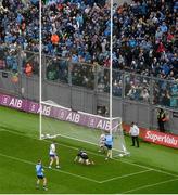 15 July 2023; Dean Rock of Dublin scores his side's first goal during the GAA Football All-Ireland Senior Championship semi-final match between Dublin and Monaghan at Croke Park in Dublin. Photo by Ramsey Cardy/Sportsfile