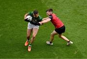 15 July 2023; Donal Keogan of Meath in action against Miceal Rooney of Down during the Tailteann Cup Final match between Down and Meath at Croke Park in Dublin. Photo by Daire Brennan/Sportsfile